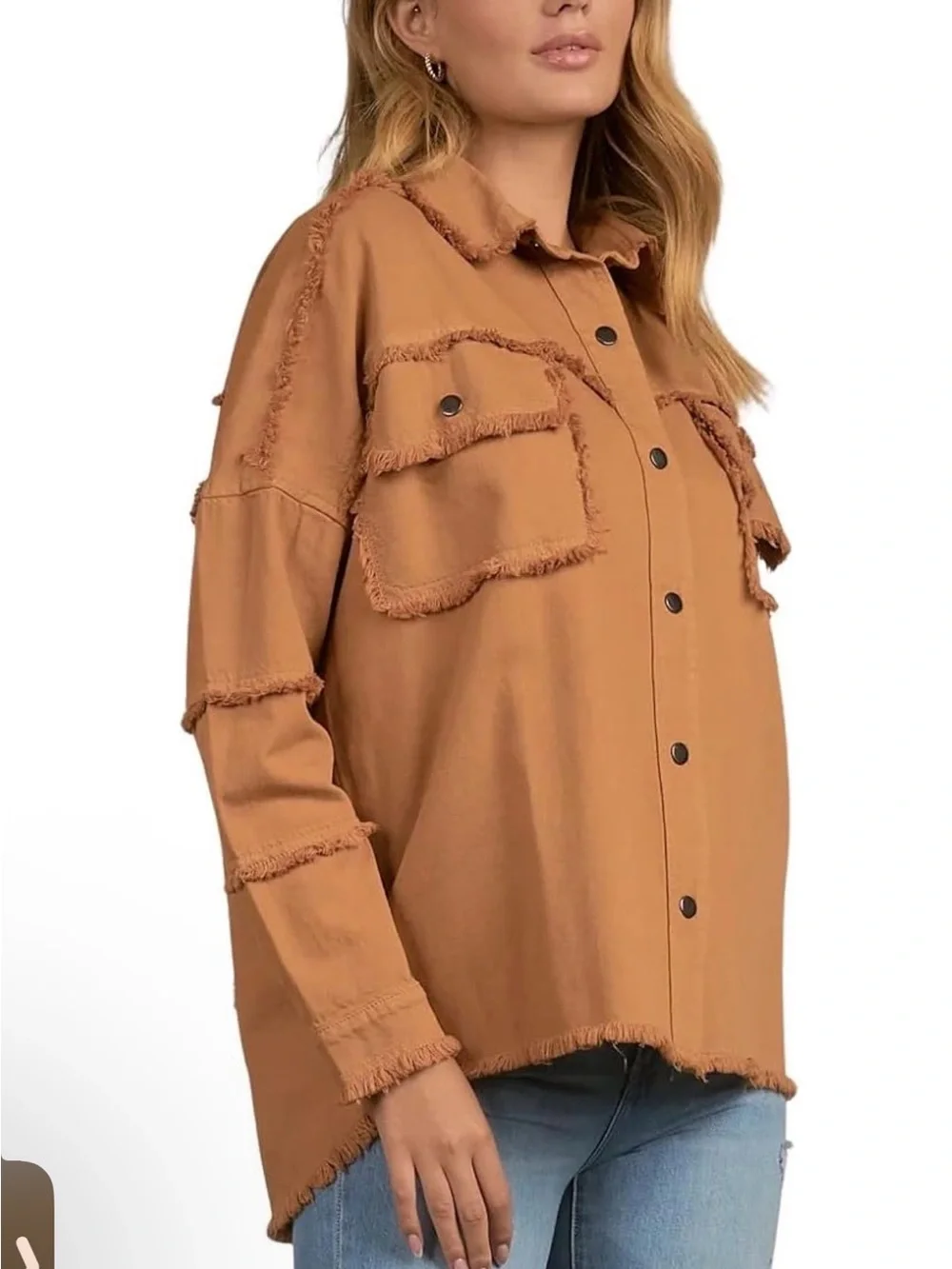 NWT Elan Rock & Roll Oversized Shacket Jacket Large Camel Frayed Utility DE8121 - Picture 3 of 4